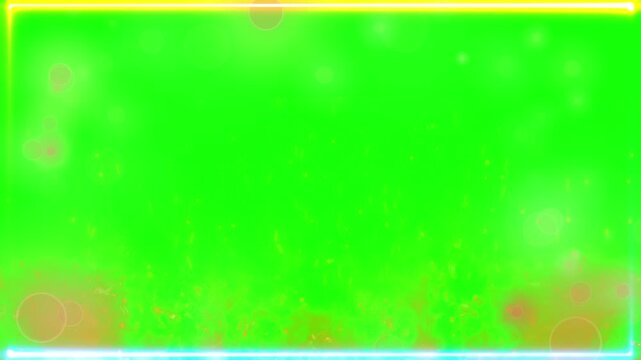 Abstract motion footage of a dynamic neon frame glowing around a vibrant green screen with rising particle animation.