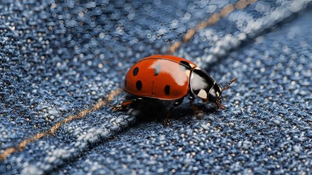 Closeup Macro Shot of a Ladybug on Blue Denim Fabric.