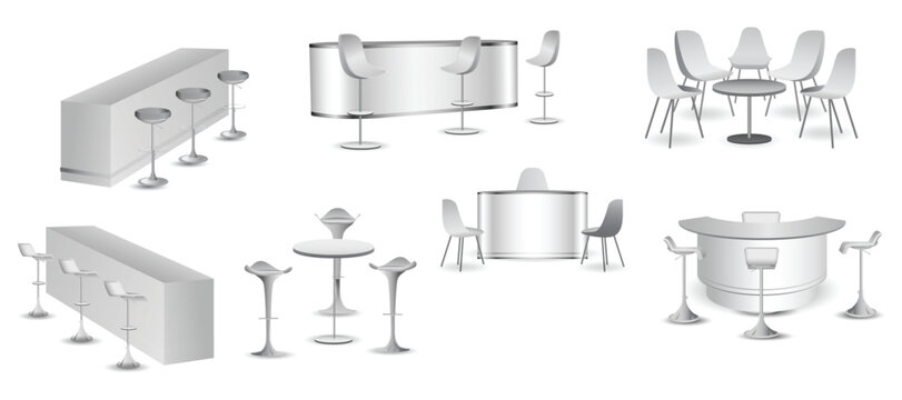 Modern Table and Chair Furniture Set for Cafe Lounge and Dining Interior. Collection of modern tables and chair seating arrangements shown in multiple layouts and perspectives. Contemporary furniture 