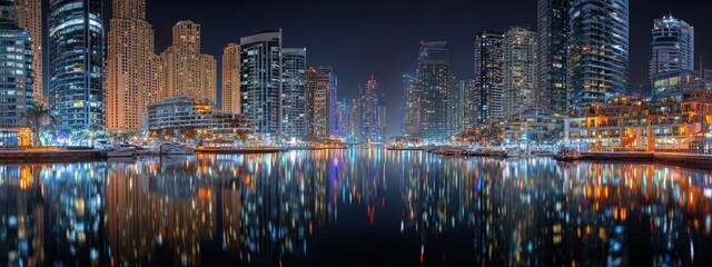 Fototapeta premium Night cityscape with skyscrapers reflecting in the water, vibrant lights illuminate the scene