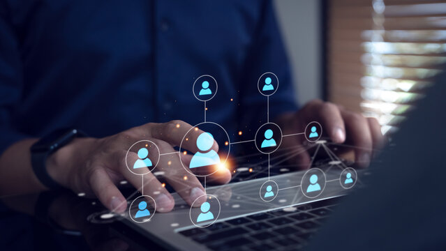 organizational network structure, with icons of interconnected people, represents teamwork, stakeholder analysis, and social networks.