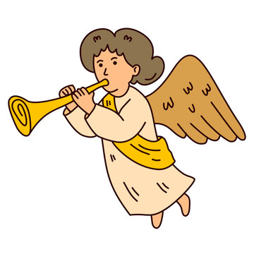 beautiful angel blowing golden trumpet above the soft blue clouds