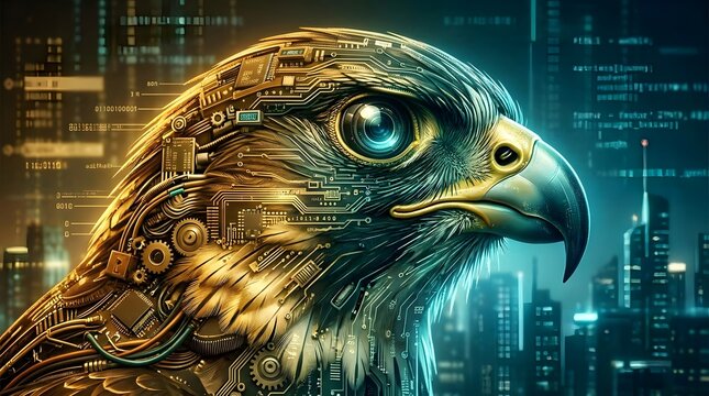 Electronic eagle profile with intricate golden circuits and city view.