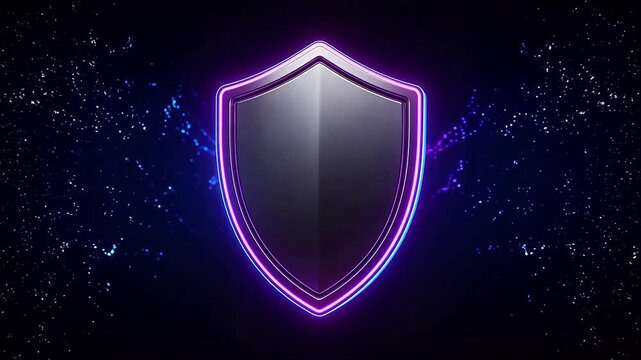 Neon shield graphic on dark background