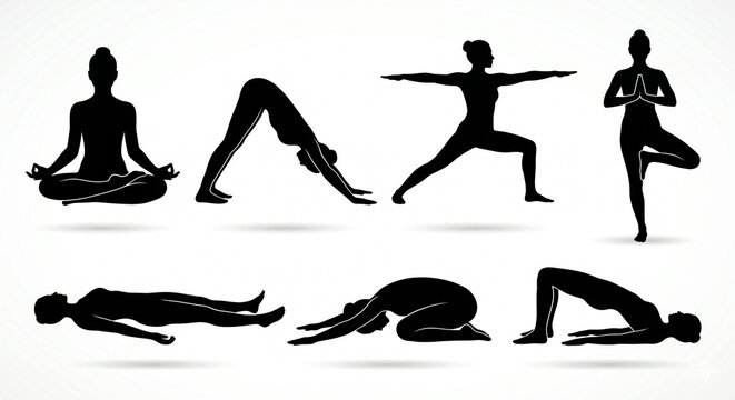 Comprehensive Vector Icon Set of Female Yoga Poses and Silhouettes for Health and Wellness Design