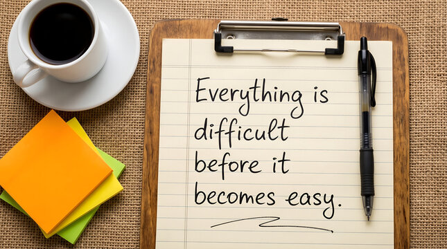 Everything is difficult before it becomes easy quote and coffee on clipboard