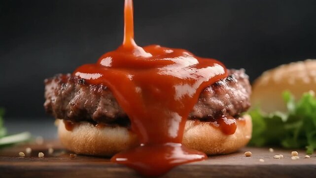 Ultimate Sizzle: Rich Tomato Ketchup Pouring Over a Juicy Thick Beef Patty