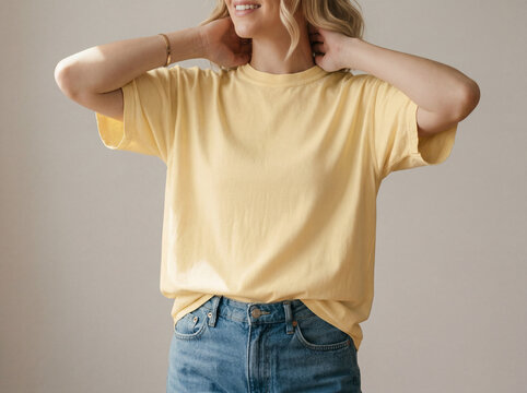 Butter Yellow T-Shirt Mockup Woman in Cream Studio Background for Print on Demand