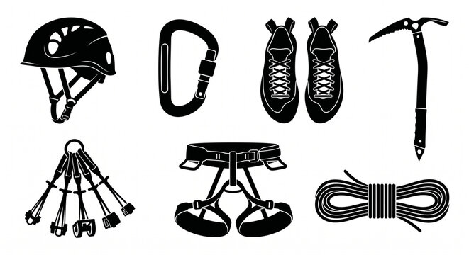 Comprehensive Rock Climbing and Mountaineering Gear Icon Set: Black and White Vector Silhouettes of Helmet, Carabiner, Climbing Shoes, Ice Axe, Harness, Cam Devices, and Rope Coil - Isolated on White 