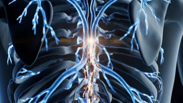 close framing along the back where the spinal cord appears as a luminous vertical structure, highlighting neural pathways, central nervous system flow and signal transmission through vertebral column
