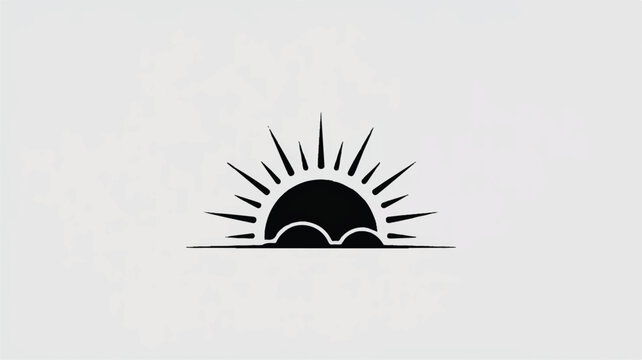 Simple sun rising over ocean waves in black silhouette