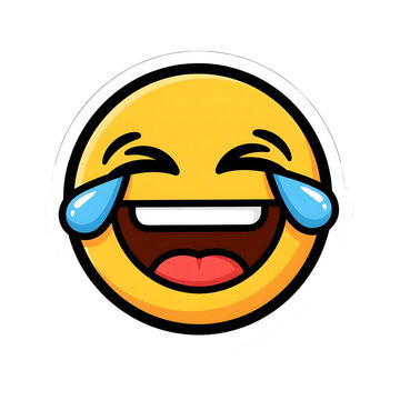 Laughing crying emoji sticker with tears of joy, yellow happy face emoticon with wide open mouth, funny cartoon character for social media
