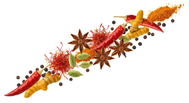 Aromatic spices and herbs composition, vibrant chili peppers with star anise and turmeric, culinary seasoning border for food menu design isolated PNG with Transparent Background