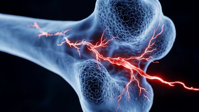 extreme close-up of long bone under semi-transparent view where a fine microfracture line forms after repetitive load, illustrating stress injury, structural fatigue, orthopedic damage and analysis