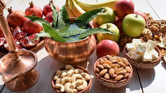 Top View of Traditional Satvik Meal for Chaturmas Vrat Featuring Fresh Fruits, Nuts, and Copper Kalash with Mango Leaves on Wooden Background