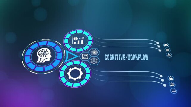  Futuristic concept of digital creative workflow with artificial intelligence head icon and gear mechanisms on dark blue background.
