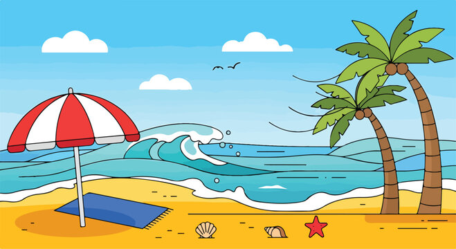 A beach scene with umbrella and palm trees