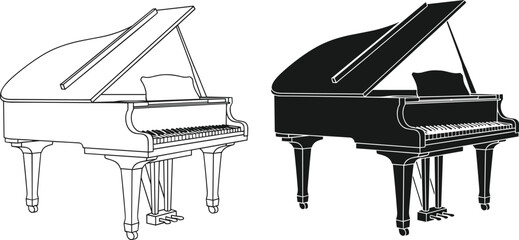 Grand piano illustration set with outline and silhouette styles, musical instrument design, classical music concept, elegant keyboard vector isolated on white © bipul stok