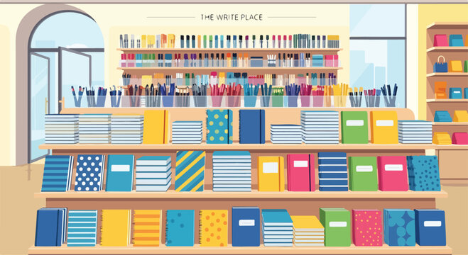 A colorful cartoon image of a well-organized stationery store