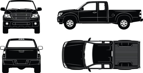 Pickup truck vector blueprint set, front side rear top views, black detailed vehicle outline illustration isolated on white background © bipul stok