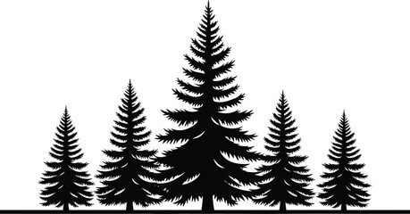 Obraz premium Pine tree silhouettes with forest composition, natural evergreen landscape illustration for outdoor design, winter background, and scenic decoration