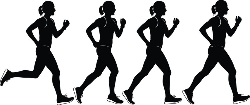Running motion silhouettes showing athletic stride progression, dynamic sports movement, fitness training icons, and exercise illustrations for health, speed, and performance visuals.