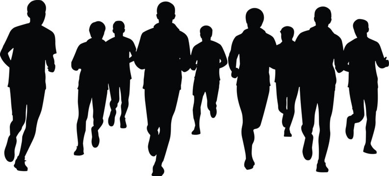 Running people silhouettes vector set, group of athletes jogging, black human figures in motion isolated on white background for fitness design