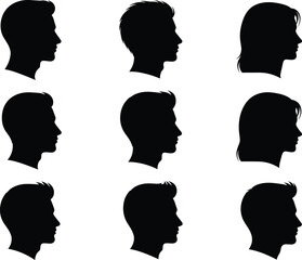 Set of human head profile silhouettes, male and female faces vector collection for avatar, identity, and design use © bipul stok