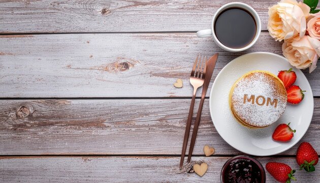 Mother's Day breakfast pancakes with coffee on wooden table