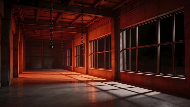 Empty warehouse interior with sunlight