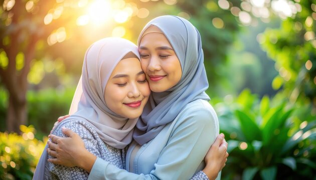 Two Muslim women in hijabs hugging in sunlit park