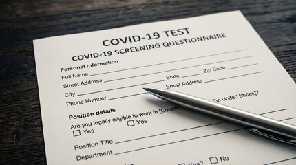 Obraz premium COVID-19 Screening Questionnaire Form with Pen, Health and Medical Information Document