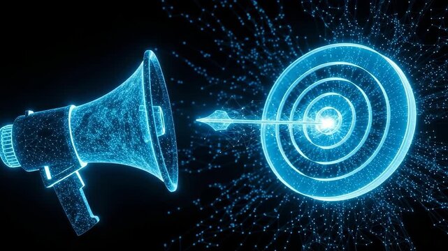 Glowing Digital Megaphone Focuses On Target With Arrow On Dark Background Marketing Communications Strategy In Futuristic Interconnected Environment For Business Usage