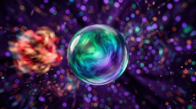 Glowing neon orb, colorful abstract background, purple and green swirl, vibrant bokeh lights, futuristic design element