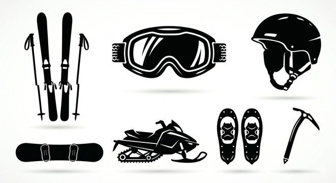 Vector Icon Set of Winter Sports Equipment and Mountain Activities: Skis, Snowboard, Goggles, and Gear