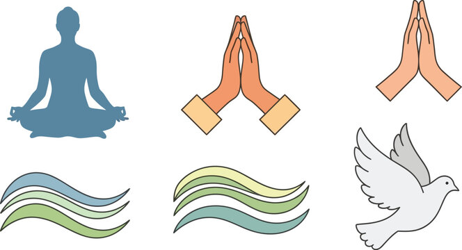 Meditation icons display a human silhouette in lotus position, praying hands, and a flying dove to represent peace and spiritual wellness.