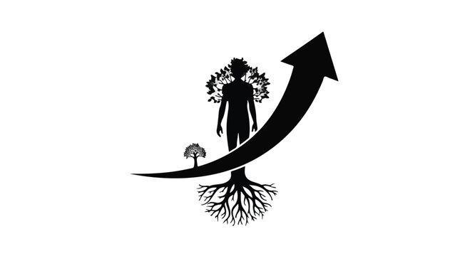 Concept of personal growth and development represented by a tree evolving into a human silhouette with an upward arrow.
