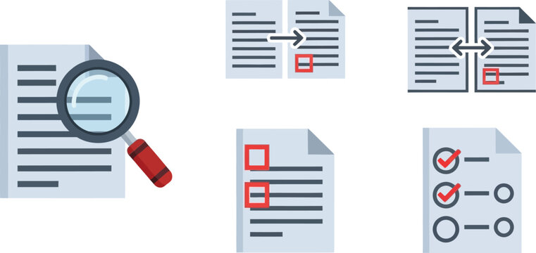 Document review is depicted through a magnifying glass inspecting text and checkboxes on paper sheets.
