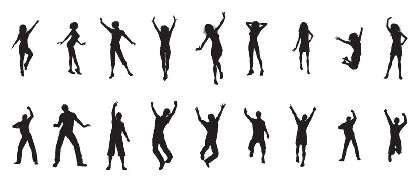 Diverse Group of People Silhouettes in Dynamic Poses. Dynamic set of diverse people celebrating and dancing at a lively party event. vector illustration.