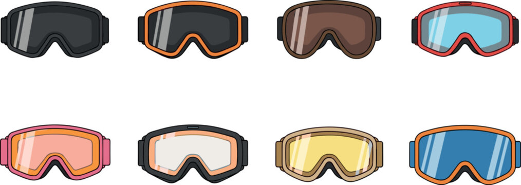 Ski goggles vector collection featuring winter sports eyewear in various styles isolated on light background for snowboarding and skiing design