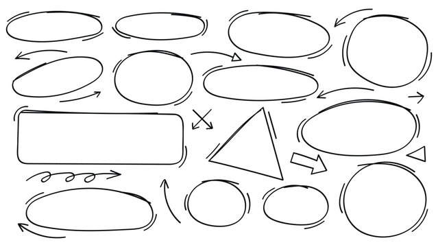 Hand drawing doodle style collection of arrows, circles and shape collection.