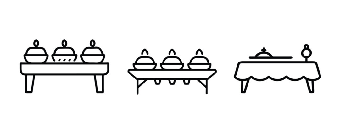 Catering line icons set buffet serving table dinner banquet layout catering service food station restaurant & more vector illustration with editable stroke.