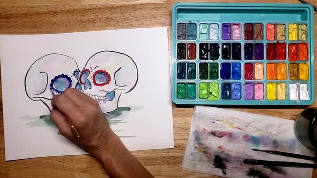 Watercolor Day of the Dead Skull Painting Timelapse Two Decorative Skulls Overhead