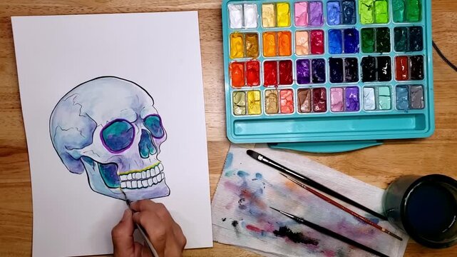 Watercolor Day of the D ead Inspired Skull Painting Timelapse Colorful Decorative Skull Overhead l