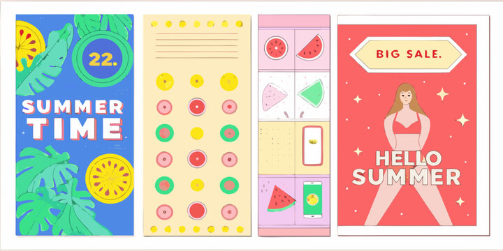 set of four summer themed posters with colorful designs