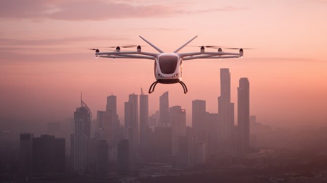Electric VTOL Air Taxi Flying Over City Skyline at Sunset with Soft Pink and Orange Sky Futuristic Urban Transportation Concept in Modern Metropolis During Golden Hour