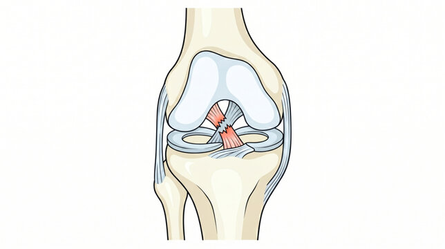 Medical illustration of a torn anterior cruciate ligament (ACL) in the human knee joint anatomy