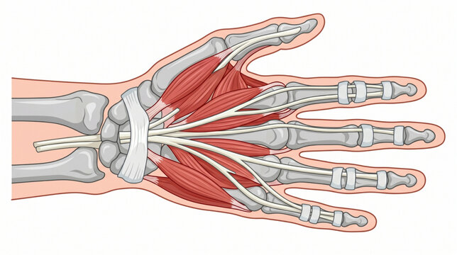 Anatomical illustration of the human hand and wrist showing muscles, tendons, and carpal bones