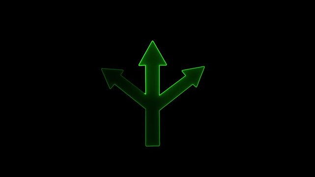 Glowing Green Three- Way Arrow Symbol on Black Background direction choice