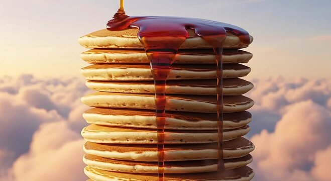 A tall stack of pancakes topped with syrup floats above fluffy white clouds at sunrise.
